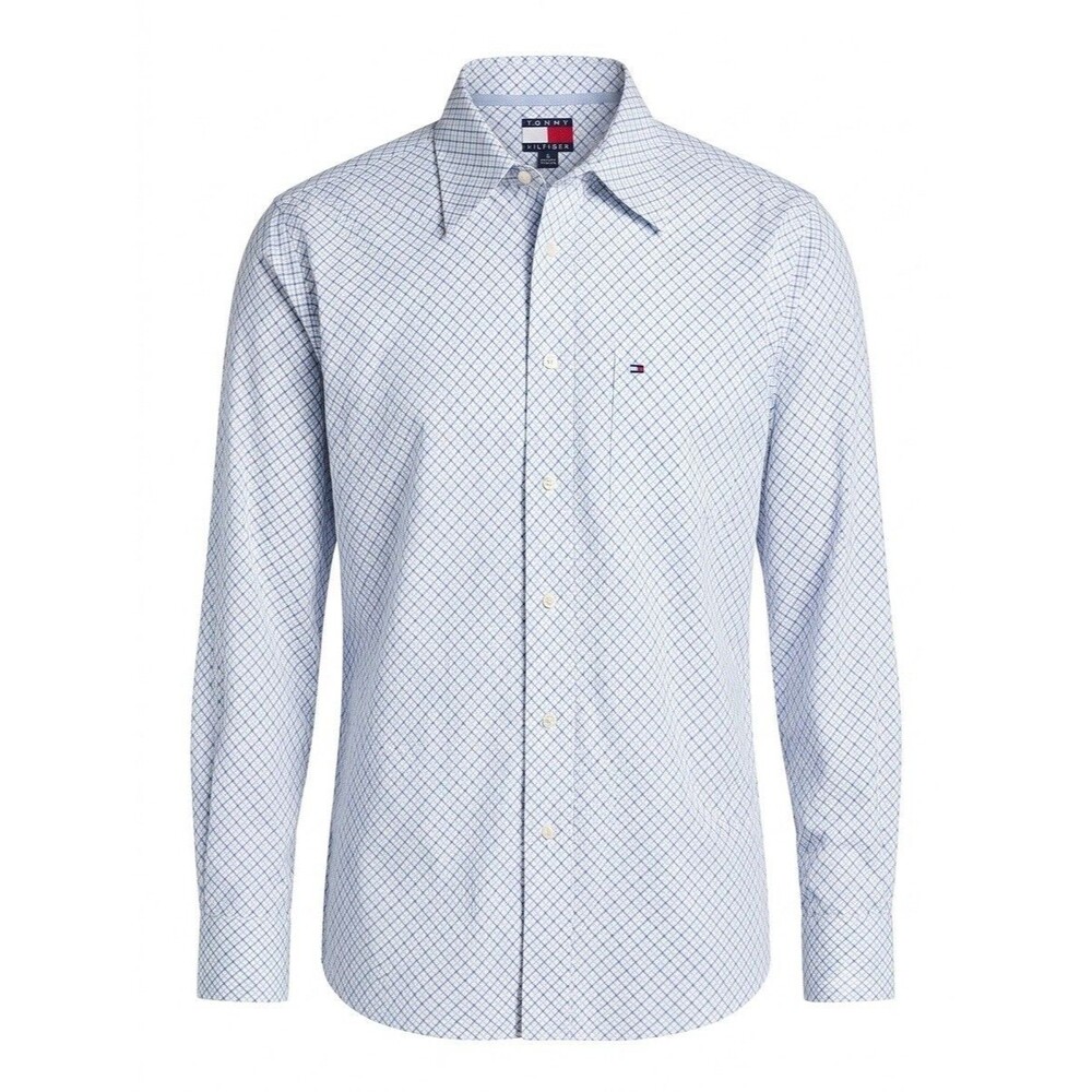 Tommy Hilfiger Men's Dress Shirt Long Sleeve Blue White Grid Pattern Size XXL